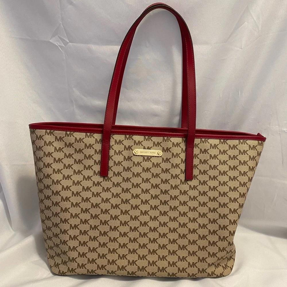Michael Kors Tote Bag Studio Emry Large Zip Red Tan Trim Laptop School Bag